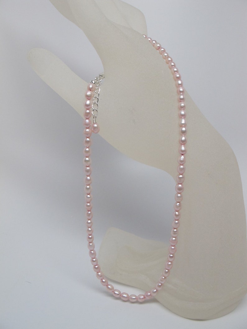 Dainty Freshwater Pearl Choker Necklace, 4 mm Pink Rice Pearl Necklace, Silver Plated Lobster Clasp and Extension Chain 16.5-18 inches long image 5
