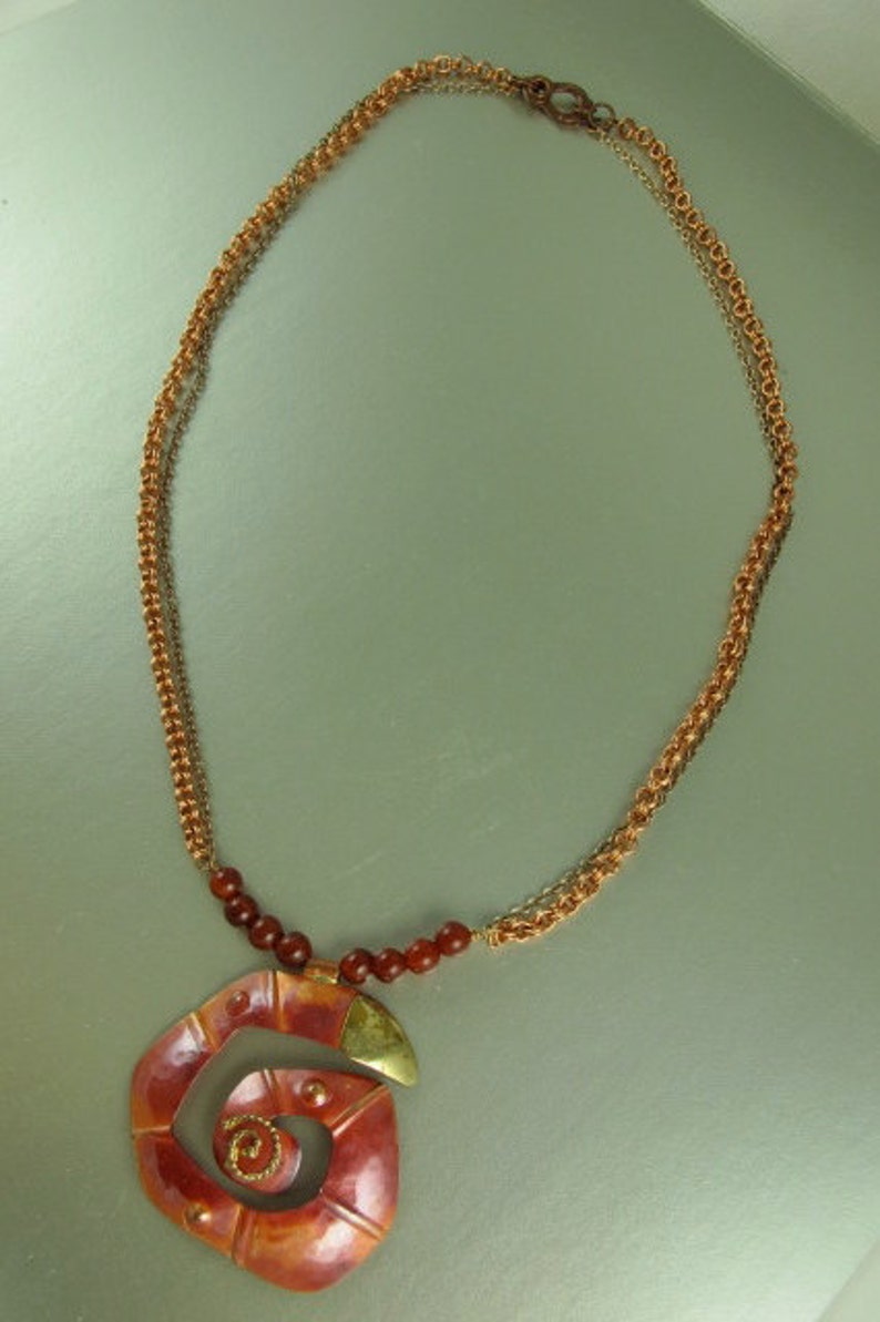 Bold Copper Necklace, Copper and Brass Chain, Spiral Copper Pendant, Carnelian Beads Copper Clasp, 21.5 inches image 4