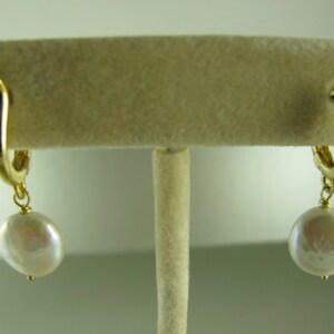 White Coin Pearl Earrings, European Leverback Earwires, Sterling Silver or Gold Vermeil, 1 in 2.5 cm image 2