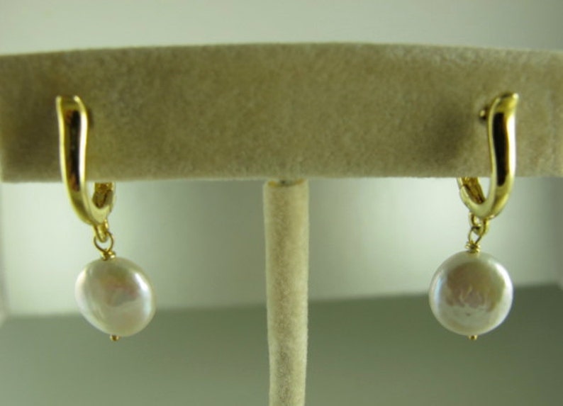 White Coin Pearl Earrings, European Leverback Earwires, Sterling Silver or Gold Vermeil, 1 in 2.5 cm image 2