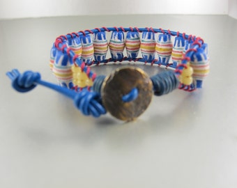 Sustainable Boho Bracelet, Yellow, White, Blue Handpainted Glass Beads, Blue Greek Leather Cord, Iconic Ladder Bracelet, Adjustable.