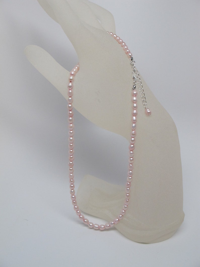 Dainty Freshwater Pearl Choker Necklace, 4 mm Pink Rice Pearl Necklace, Silver Plated Lobster Clasp and Extension Chain 16.5-18 inches long image 8