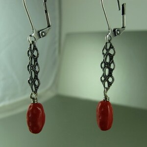 Red Dangle Earrings, Bright Red Czech Dotted Oval Glass Beads, Old World Filigree Connectors, Antique Silver Finish, 2 inches 5cm image 3