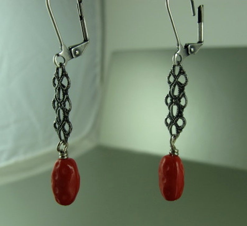 Red Dangle Earrings, Bright Red Czech Dotted Oval Glass Beads, Old World Filigree Connectors, Antique Silver Finish, 2 inches 5cm image 3