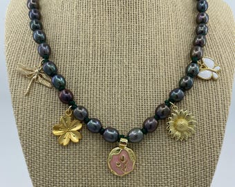 Green Rice Pearl Necklace: Garden Charms, Gold Plated, 21 inch