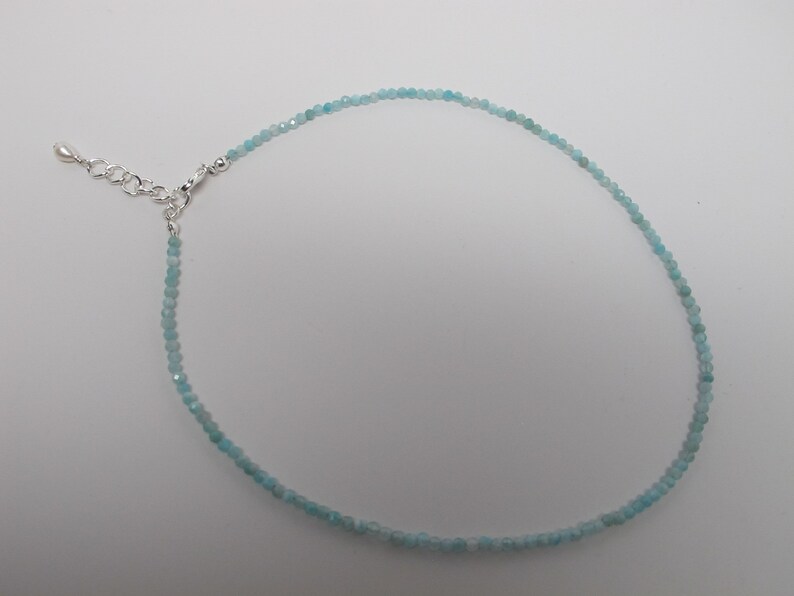 Aquamarine Sparkly Choker/Necklace, Dainty 2.5 mm Beads of Varying Shades of Aqua, Silver Lobster Clasp , Adjustable and Choice of Lengths image 8