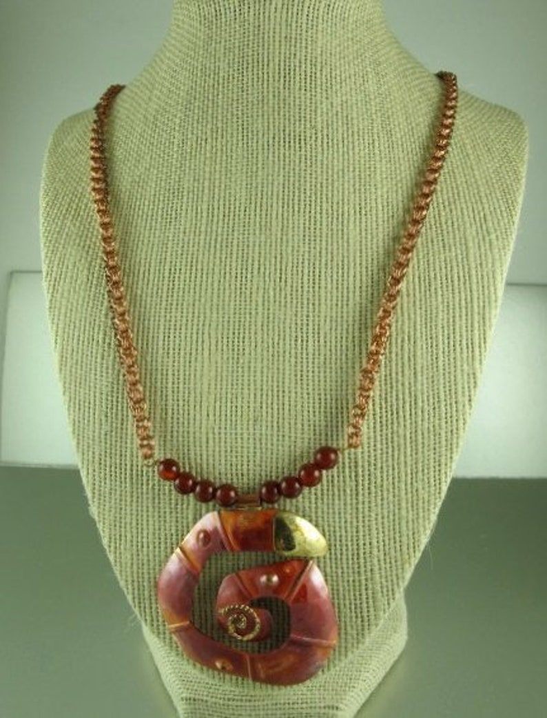 Bold Copper Necklace, Copper and Brass Chain, Spiral Copper Pendant, Carnelian Beads Copper Clasp, 21.5 inches image 1