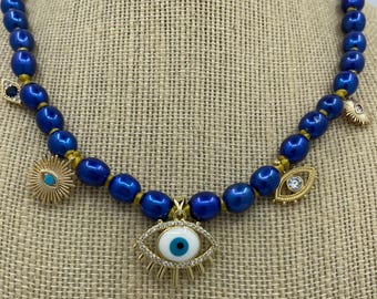 Blue Rice Pearl Evil Eye Charm Necklace - Gold Nylon, 21 inch