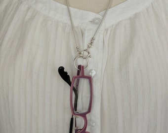 Eyeglasses Holder, LoopM, Sterling Silver Loop, Clasp, Crimps on White Leather Neck Cord, Readers Keepers, 24 in.