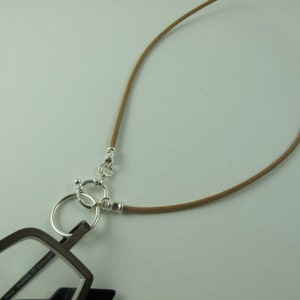 LoopM, Sunglasses Holder, Eyeglasses Keeper, Sterling Silver Loop, Clasp on Greek Leather Lanyard Front Closing, Tan 22 in.