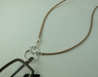 Sterling Silver Eyeglasses Holder: Tan Leather Lanyard Front Clasp