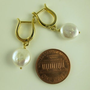 White Coin Pearl Earrings, European Leverback Earwires, Sterling Silver or Gold Vermeil, 1 in 2.5 cm image 3
