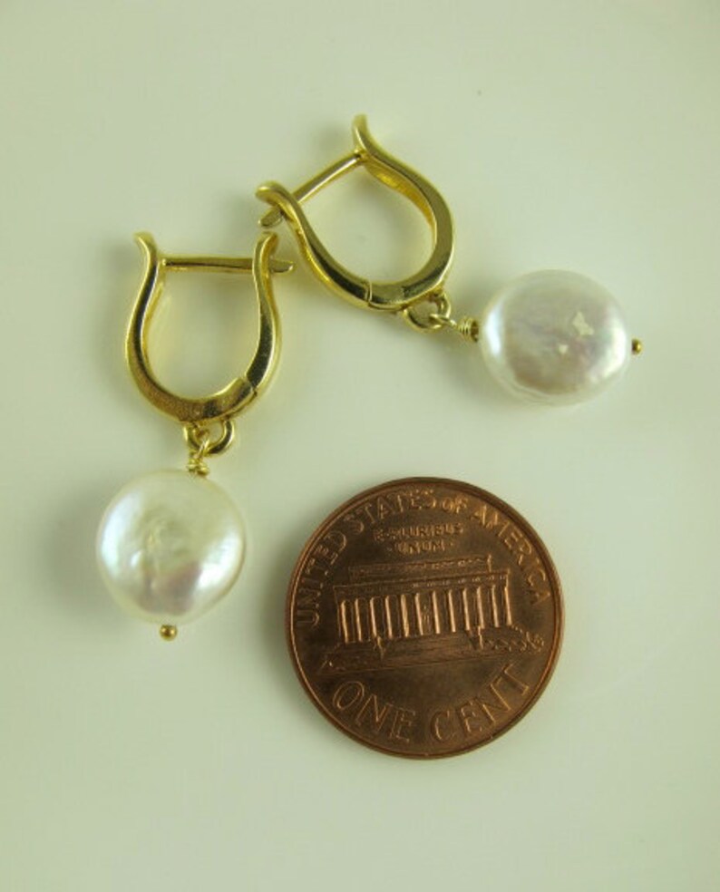 White Coin Pearl Earrings, European Leverback Earwires, Sterling Silver or Gold Vermeil, 1 in 2.5 cm image 3