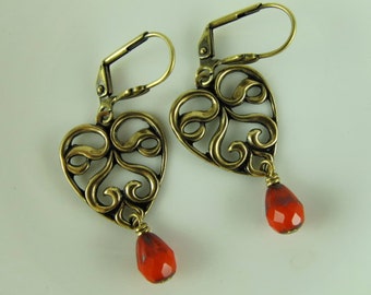 Heart Filigree Earrings,  Bright Red Czech Glass Teardrop Dangle, Trinity Brass Filigree Heart and Leverback Earrings, Anitqued Gold