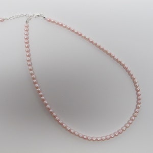 Dainty Freshwater Pearl Choker Necklace, 4 mm Pink Rice Pearl Necklace, Silver Plated Lobster Clasp and Extension Chain 16.5-18 inches long image 2