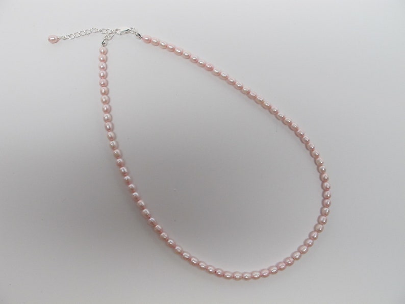 Dainty Freshwater Pearl Choker Necklace, 4 mm Pink Rice Pearl Necklace, Silver Plated Lobster Clasp and Extension Chain 16.5-18 inches long image 2