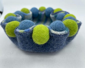 Felted Wool Coin Tray, Recycled Sweater, Blue & Lime Jewelry Bowl