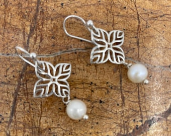 Earrings Silver Open Work Palm Leaf with White Pearl Dangle