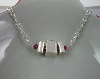 Ruby Rondelle Necklace, Hill Tribe Silver, Sterling Silver Chain, Adjustable