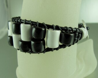 Ladder Bracelet, Greek Ceramic Beads, Black and  White, Black Greek Leather Cord. Adjustable.