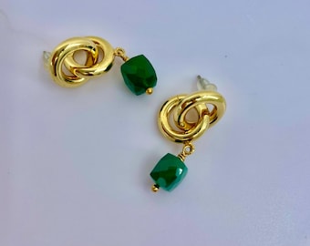 Green Onyx Dangle Earrings: Gold Plated Rings, Nickel Free