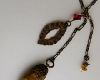 Y Necklace, Striped Jasper, Colors of the Desert Pendant, Swarovski Crystals on a Delicate Brass Chai