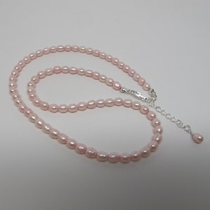 Dainty Freshwater Pearl Choker Necklace, 4 mm Pink Rice Pearl Necklace, Silver Plated Lobster Clasp and Extension Chain 16.5-18 inches long image 9