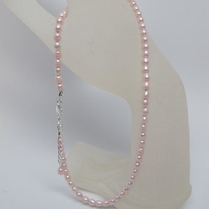 Dainty Freshwater Pearl Choker Necklace, 4 mm Pink Rice Pearl Necklace, Silver Plated Lobster Clasp and Extension Chain 16.5-18 inches long image 3