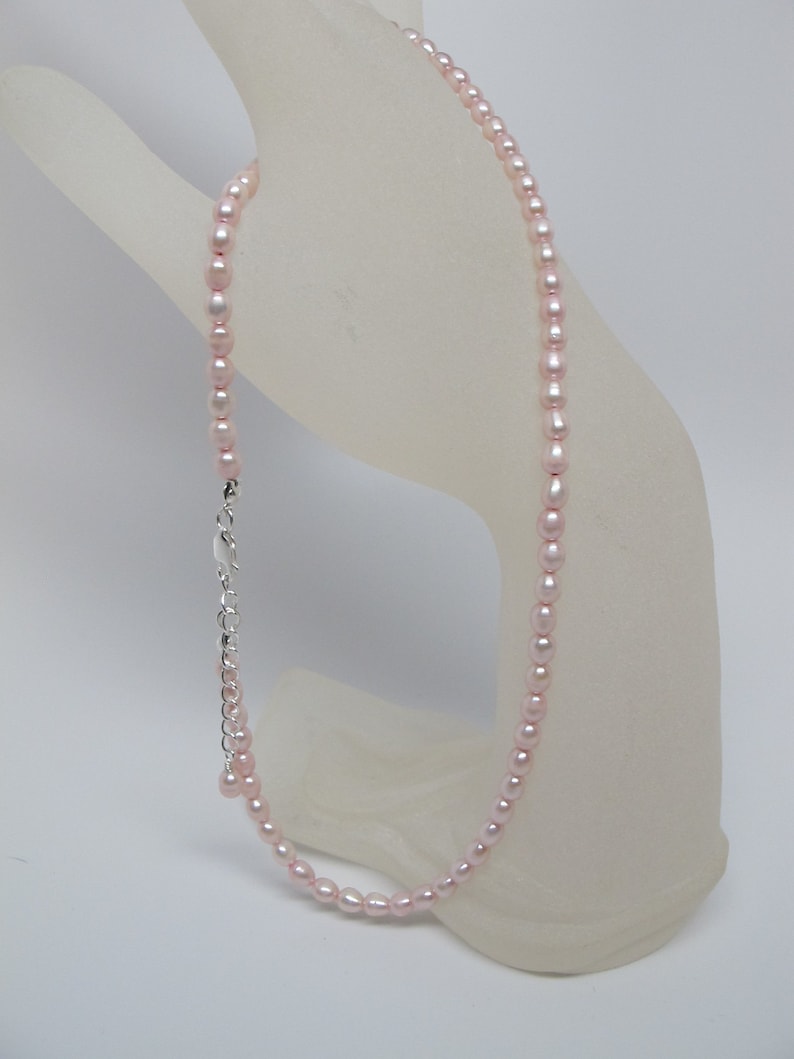 Dainty Freshwater Pearl Choker Necklace, 4 mm Pink Rice Pearl Necklace, Silver Plated Lobster Clasp and Extension Chain 16.5-18 inches long image 3