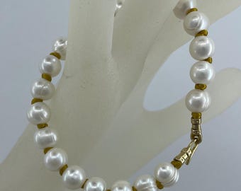 Pearl Bracelet, Electric white Knotted with Blue Nylon, Silver Clasp, 7.5 inches