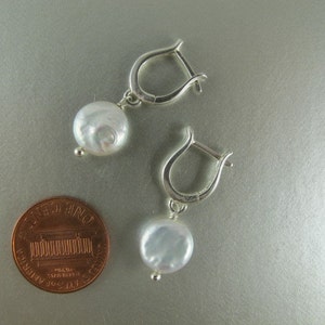 White Coin Pearl Earrings, European Leverback Earwires, Sterling Silver or Gold Vermeil, 1 in 2.5 cm image 5