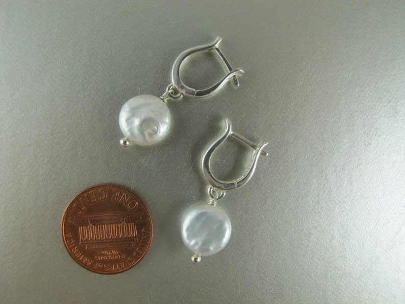 White Coin Pearl Earrings, European Leverback Earwires, Sterling Silver or Gold Vermeil, 1 in 2.5 cm image 5