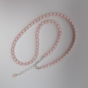 Dainty Freshwater Pearl Choker Necklace, 4 mm Pink Rice Pearl Necklace, Silver Plated Lobster Clasp and Extension Chain 16.5-18 inches long image 6