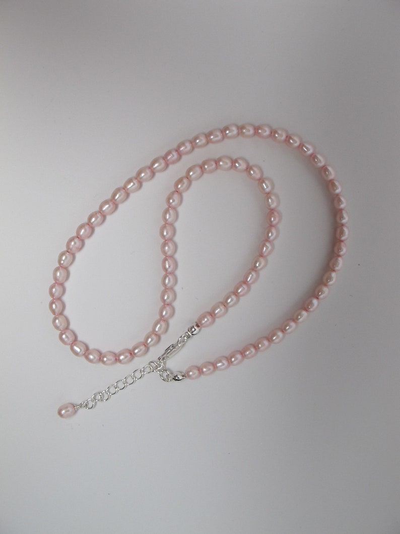 Dainty Freshwater Pearl Choker Necklace, 4 mm Pink Rice Pearl Necklace, Silver Plated Lobster Clasp and Extension Chain 16.5-18 inches long image 6