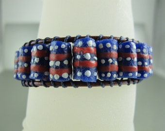 Ladder Bracelet with Red, White, Blue Recycled Glass Beads Handmade Handpainted by African Krobo Tribe, Red Greek Leather Cord Adjustable.