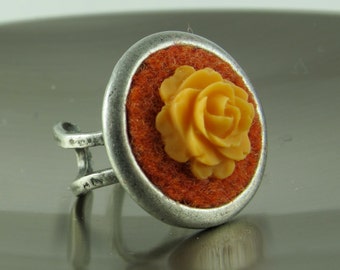 Ring, Recycled Wool Felt with Resin Flower, Antiqued Silver Brass Ring, Adjustable, Tangerine Tango