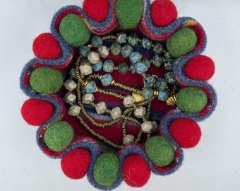 Felted Wool Jewelry Tray, Recycled Sweater, Red, Green and Blue Jewelry Bowl, Coin Dish