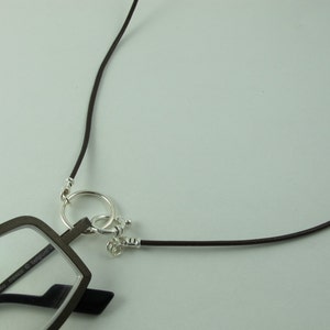 Thong for Eyeglasses or Sunglasses, LoopM, Sterling Silver Ring, Clasp, Crimps Attached to Leather Cord, BROWN 22 in.