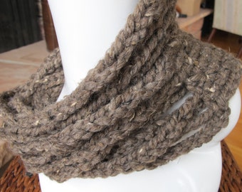 Cowl of Crocheted Ropes in Taupe Tweed Neckwarmer 28 Inch Circumference