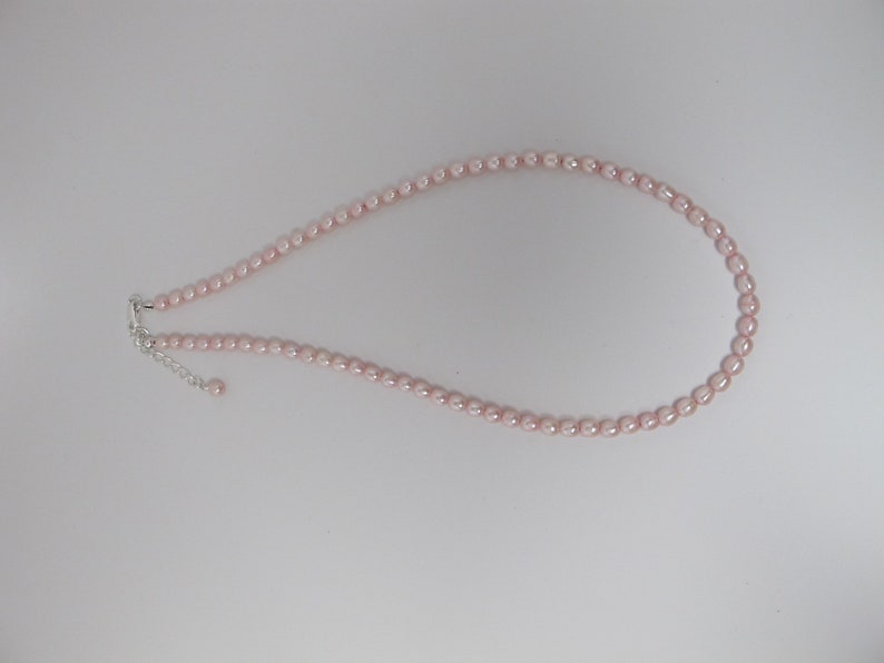 Dainty Freshwater Pearl Choker Necklace, 4 mm Pink Rice Pearl Necklace, Silver Plated Lobster Clasp and Extension Chain 16.5-18 inches long image 7