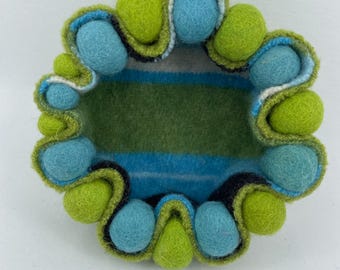 Jewelry Tray, Bowl, Felted Wool, Recycled Sweater, Handsewn, Turquoise and Lime