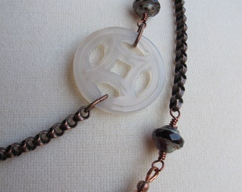 Long Czech Glass Beaded Necklace, Vintage Pendant, Antiqued Copper