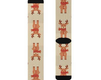 Reindeer Pattern Sublimation Socks | Cute Christmas Moose Crew Socks