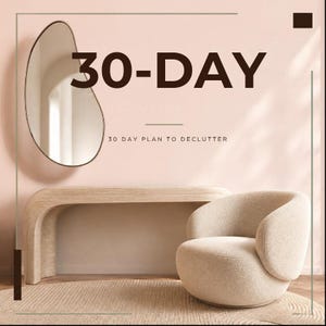 Può includere: Una grafica digitale con il testo 30-DAY e 30 DAY PLAN TO DECLUTTER in carattere marrone scuro. Lo sfondo mostra uno specchio di forma irregolare, una console beige curva e una poltrona arrotondata color crema su un tappeto circolare.