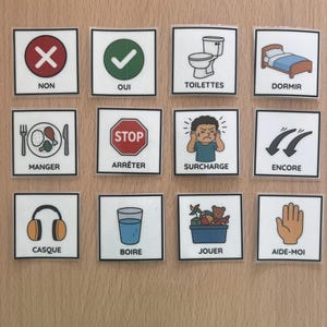 Peut inclure: Un ensemble de douze cartes de communication carrées avec des icônes colorées et des étiquettes en français. Les cartes illustrent diverses activités et besoins quotidiens, incluant des symboles pour oui, non, toilettes, dormir, manger, arrêter, surcharge, encore, casque, boire, jouer et aide-moi.