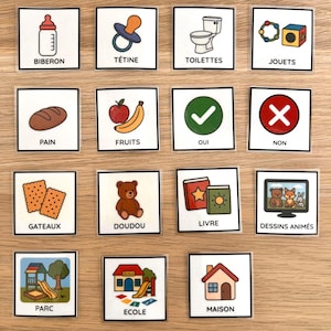 Peut inclure: Ensemble de cartes carrées avec des illustrations et du texte en français. Les images incluent un biberon, une tétine, des toilettes, des jouets, du pain, des fruits, une coche, une croix, des gâteaux, un doudou, des livres, une TV, un parc, une école et une maison.