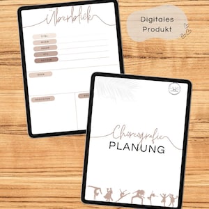 Könnte beinhalten: Zwei digitale Tablets mit Tanzplanungs-Vorlagen. Ein Tablet zeigt ein Choreografie-Planungslayout mit dem Wort "PLANUNG" und Tänzer-Silhouetten. Das andere Tablet hat ein Layout mit dem Wort "Überblick" und Feldern für Notizen. Der Text "Digitales Produkt" ist ebenfalls sichtbar.