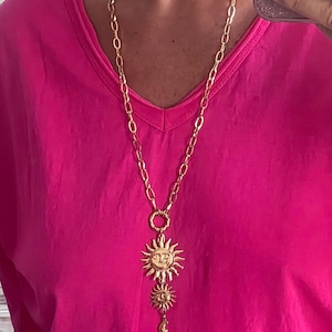 Gold-plated stainless steel sun and moon necklace