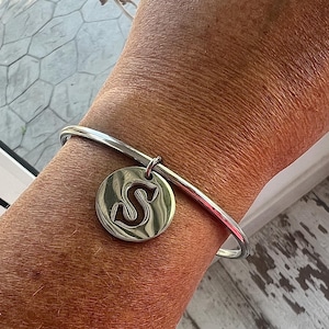 silver stainless steel letter charm bangle bracelet of your choice