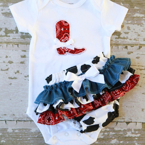 Little Cowgirl Ruffle Bottom Bloomers and Boot Applique Onesie